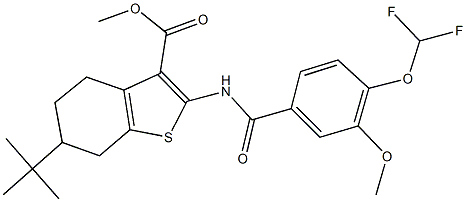 methyl 6-tert-butyl-2-{[4-(difluoromethoxy)-3-methoxybenzoyl]amino}-4,5,6,7-tetrahydro-1-benzothiophene-3-carboxylate 구조식 이미지
