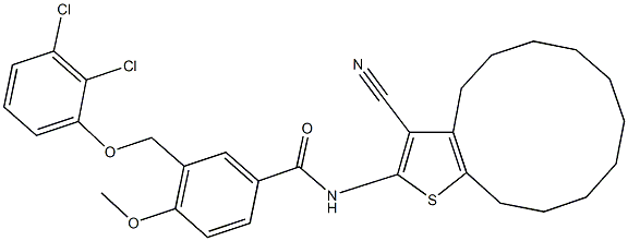 N-(3-cyano-4,5,6,7,8,9,10,11,12,13-decahydrocyclododeca[b]thien-2-yl)-3-[(2,3-dichlorophenoxy)methyl]-4-methoxybenzamide 구조식 이미지