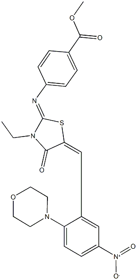 methyl4-({3-ethyl-5-[5-nitro-2-(4-morpholinyl)benzylidene]-4-oxo-1,3-thiazolidin-2-ylidene}amino)benzoate 구조식 이미지