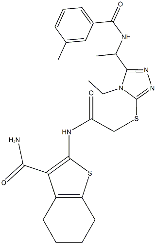 2-({[(4-ethyl-5-{1-[(3-methylbenzoyl)amino]ethyl}-4H-1,2,4-triazol-3-yl)sulfanyl]acetyl}amino)-4,5,6,7-tetrahydro-1-benzothiophene-3-carboxamide Structure