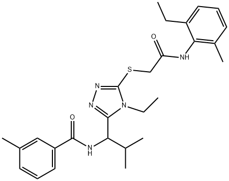 N-[1-(4-ethyl-5-{[2-(2-ethyl-6-methylanilino)-2-oxoethyl]sulfanyl}-4H-1,2,4-triazol-3-yl)-2-methylpropyl]-3-methylbenzamide 구조식 이미지