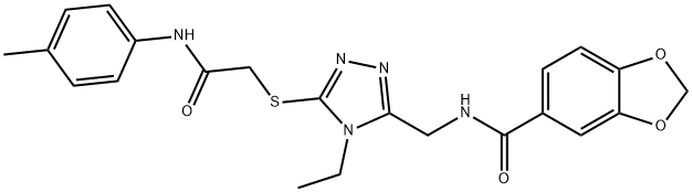 N-[(4-ethyl-5-{[2-oxo-2-(4-toluidino)ethyl]sulfanyl}-4H-1,2,4-triazol-3-yl)methyl]-1,3-benzodioxole-5-carboxamide 구조식 이미지