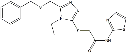 2-({5-[(benzylsulfanyl)methyl]-4-ethyl-4H-1,2,4-triazol-3-yl}sulfanyl)-N-(1,3-thiazol-2-yl)acetamide 구조식 이미지