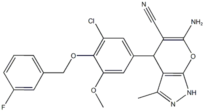 6-amino-4-{3-chloro-4-[(3-fluorobenzyl)oxy]-5-methoxyphenyl}-3-methyl-1,4-dihydropyrano[2,3-c]pyrazole-5-carbonitrile 구조식 이미지