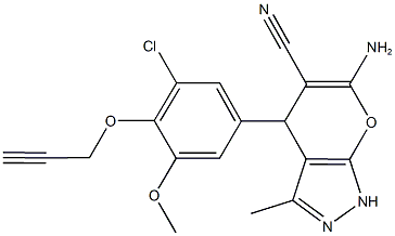 6-amino-4-[3-chloro-5-methoxy-4-(2-propynyloxy)phenyl]-3-methyl-1,4-dihydropyrano[2,3-c]pyrazole-5-carbonitrile 구조식 이미지