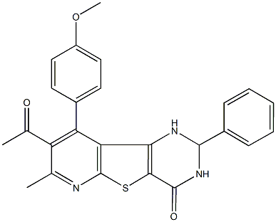 8-acetyl-9-(4-methoxyphenyl)-7-methyl-2-phenyl-2,3-dihydropyrido[3',2':4,5]thieno[3,2-d]pyrimidin-4(1H)-one Structure