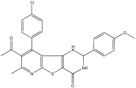 8-acetyl-9-(4-chlorophenyl)-2-(4-methoxyphenyl)-7-methyl-2,3-dihydropyrido[3',2':4,5]thieno[3,2-d]pyrimidin-4(1H)-one 구조식 이미지