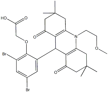 {2,4-dibromo-6-[10-(2-methoxyethyl)-3,3,6,6-tetramethyl-1,8-dioxo-1,2,3,4,5,6,7,8,9,10-decahydro-9-acridinyl]phenoxy}aceticacid Structure