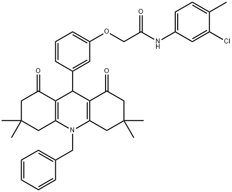 2-[3-(10-benzyl-3,3,6,6-tetramethyl-1,8-dioxo-1,2,3,4,5,6,7,8,9,10-decahydro-9-acridinyl)phenoxy]-N-(3-chloro-4-methylphenyl)acetamide 구조식 이미지