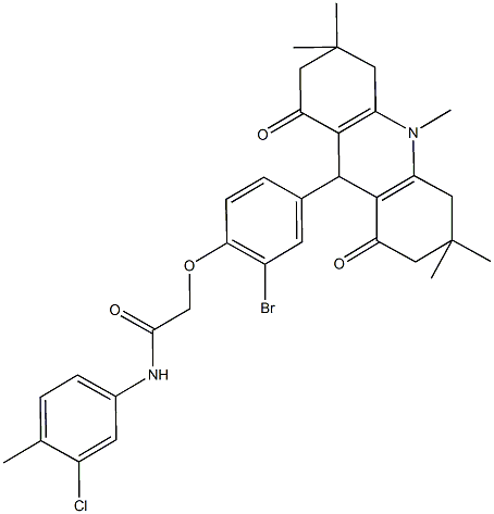 2-[2-bromo-4-(3,3,6,6,10-pentamethyl-1,8-dioxo-1,2,3,4,5,6,7,8,9,10-decahydro-9-acridinyl)phenoxy]-N-(3-chloro-4-methylphenyl)acetamide 구조식 이미지