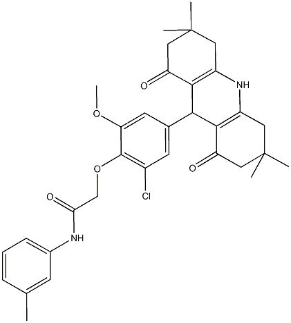 2-[2-chloro-6-methoxy-4-(3,3,6,6-tetramethyl-1,8-dioxo-1,2,3,4,5,6,7,8,9,10-decahydro-9-acridinyl)phenoxy]-N-(3-methylphenyl)acetamide 구조식 이미지