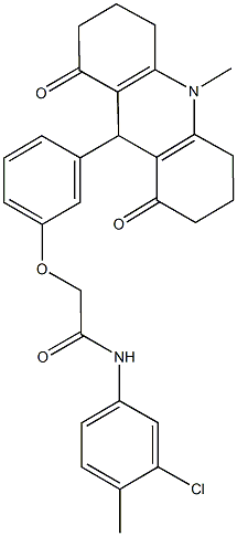 N-(3-chloro-4-methylphenyl)-2-[3-(10-methyl-1,8-dioxo-1,2,3,4,5,6,7,8,9,10-decahydro-9-acridinyl)phenoxy]acetamide 구조식 이미지