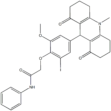 2-[2-iodo-6-methoxy-4-(10-methyl-1,8-dioxo-1,2,3,4,5,6,7,8,9,10-decahydro-9-acridinyl)phenoxy]-N-phenylacetamide 구조식 이미지