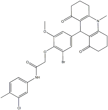 2-[2-bromo-6-methoxy-4-(10-methyl-1,8-dioxo-1,2,3,4,5,6,7,8,9,10-decahydro-9-acridinyl)phenoxy]-N-(3-chloro-4-methylphenyl)acetamide Structure