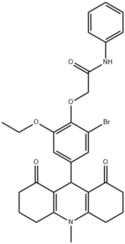 2-[2-bromo-6-ethoxy-4-(10-methyl-1,8-dioxo-1,2,3,4,5,6,7,8,9,10-decahydro-9-acridinyl)phenoxy]-N-phenylacetamide 구조식 이미지