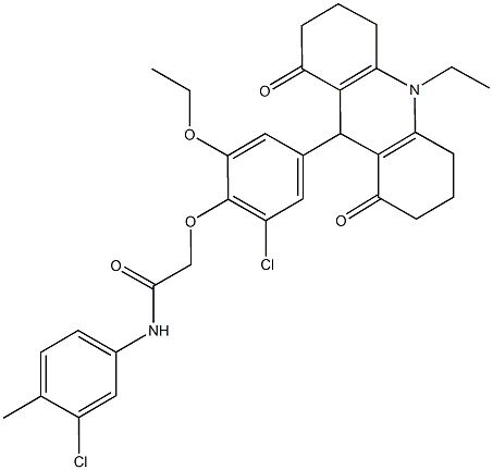 2-[2-chloro-6-ethoxy-4-(10-ethyl-1,8-dioxo-1,2,3,4,5,6,7,8,9,10-decahydro-9-acridinyl)phenoxy]-N-(3-chloro-4-methylphenyl)acetamide 구조식 이미지