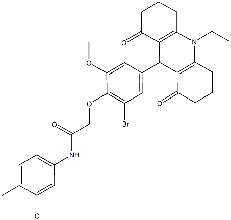 2-[2-bromo-4-(10-ethyl-1,8-dioxo-1,2,3,4,5,6,7,8,9,10-decahydro-9-acridinyl)-6-methoxyphenoxy]-N-(3-chloro-4-methylphenyl)acetamide Structure