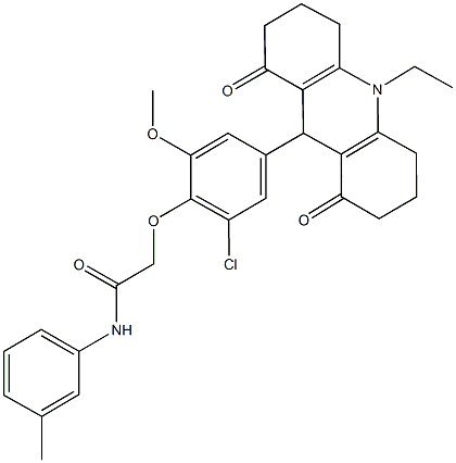 2-[2-chloro-4-(10-ethyl-1,8-dioxo-1,2,3,4,5,6,7,8,9,10-decahydro-9-acridinyl)-6-methoxyphenoxy]-N-(3-methylphenyl)acetamide 구조식 이미지