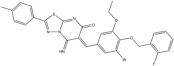 6-{3-bromo-5-ethoxy-4-[(2-fluorobenzyl)oxy]benzylidene}-5-imino-2-(4-methylphenyl)-5,6-dihydro-7H-[1,3,4]thiadiazolo[3,2-a]pyrimidin-7-one Structure
