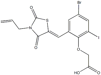 {2-[(3-allyl-2,4-dioxo-1,3-thiazolidin-5-ylidene)methyl]-4-bromo-6-iodophenoxy}acetic acid 구조식 이미지