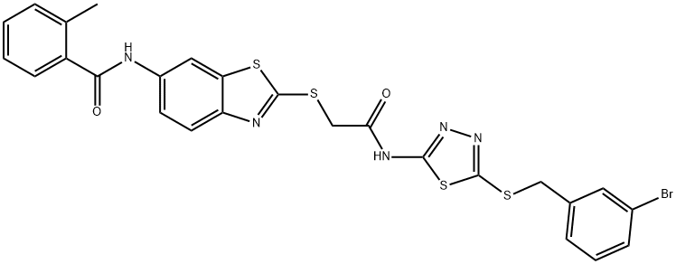 N-(2-{[2-({5-[(3-bromobenzyl)sulfanyl]-1,3,4-thiadiazol-2-yl}amino)-2-oxoethyl]sulfanyl}-1,3-benzothiazol-6-yl)-2-methylbenzamide 구조식 이미지