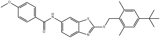 N-{2-[(4-tert-butyl-2,6-dimethylbenzyl)sulfanyl]-1,3-benzothiazol-6-yl}-4-methoxybenzamide Structure