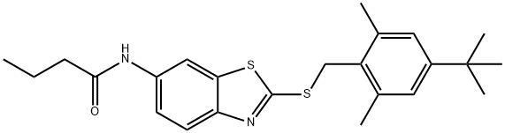 N-{2-[(4-tert-butyl-2,6-dimethylbenzyl)sulfanyl]-1,3-benzothiazol-6-yl}butanamide Structure