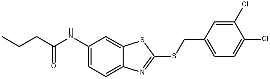 N-{2-[(3,4-dichlorobenzyl)sulfanyl]-1,3-benzothiazol-6-yl}butanamide 구조식 이미지