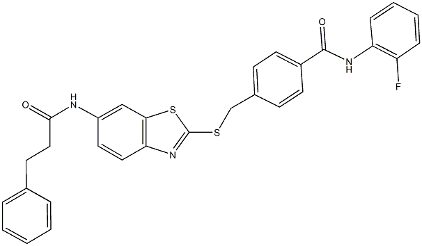 N-(2-fluorophenyl)-4-[({6-[(3-phenylpropanoyl)amino]-1,3-benzothiazol-2-yl}sulfanyl)methyl]benzamide Structure