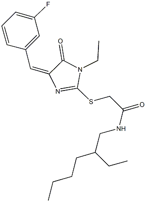 2-{[1-ethyl-4-(3-fluorobenzylidene)-5-oxo-4,5-dihydro-1H-imidazol-2-yl]sulfanyl}-N-(2-ethylhexyl)acetamide 구조식 이미지