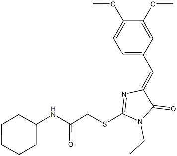 N-cyclohexyl-2-{[4-(3,4-dimethoxybenzylidene)-1-ethyl-5-oxo-4,5-dihydro-1H-imidazol-2-yl]sulfanyl}acetamide 구조식 이미지