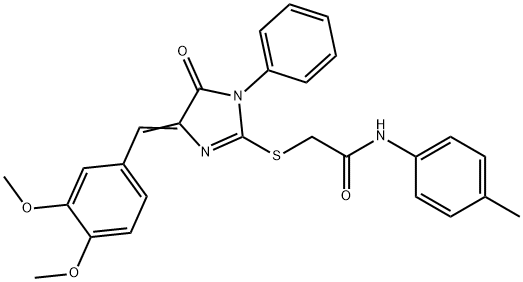 2-{[4-(3,4-dimethoxybenzylidene)-5-oxo-1-phenyl-4,5-dihydro-1H-imidazol-2-yl]sulfanyl}-N-(4-methylphenyl)acetamide 구조식 이미지