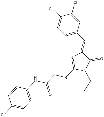 N-(4-chlorophenyl)-2-{[4-(3,4-dichlorobenzylidene)-1-ethyl-5-oxo-4,5-dihydro-1H-imidazol-2-yl]sulfanyl}acetamide 구조식 이미지