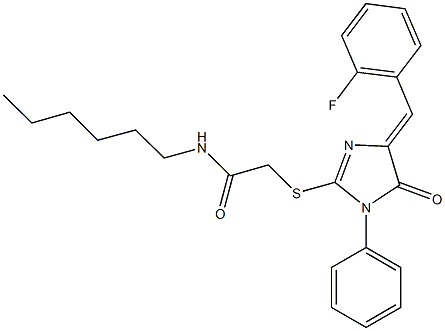 2-{[4-(2-fluorobenzylidene)-5-oxo-1-phenyl-4,5-dihydro-1H-imidazol-2-yl]sulfanyl}-N-hexylacetamide Structure