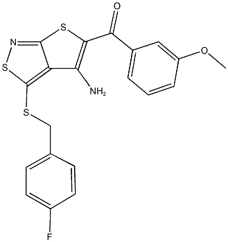 {4-amino-3-[(4-fluorobenzyl)sulfanyl]thieno[2,3-c]isothiazol-5-yl}(3-methoxyphenyl)methanone 구조식 이미지