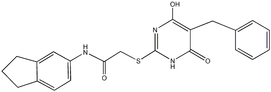 2-[(5-benzyl-4-hydroxy-6-oxo-1,6-dihydro-2-pyrimidinyl)sulfanyl]-N-(2,3-dihydro-1H-inden-5-yl)acetamide 구조식 이미지