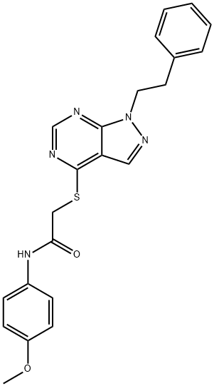 N-(4-methoxyphenyl)-2-{[1-(2-phenylethyl)-1H-pyrazolo[3,4-d]pyrimidin-4-yl]sulfanyl}acetamide 구조식 이미지