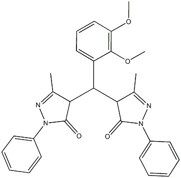 4-[(2,3-dimethoxyphenyl)(3-methyl-5-oxo-1-phenyl-4,5-dihydro-1H-pyrazol-4-yl)methyl]-5-methyl-2-phenyl-2,4-dihydro-3H-pyrazol-3-one 구조식 이미지