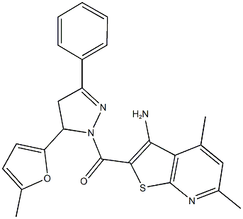 4,6-dimethyl-2-{[5-(5-methyl-2-furyl)-3-phenyl-4,5-dihydro-1H-pyrazol-1-yl]carbonyl}thieno[2,3-b]pyridin-3-amine 구조식 이미지