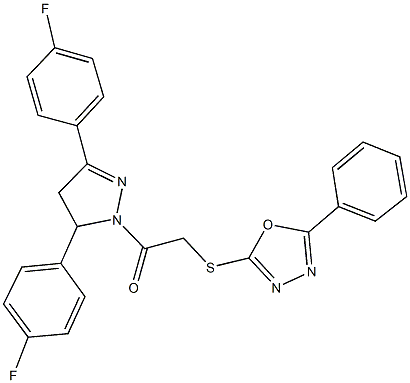 2-[3,5-bis(4-fluorophenyl)-4,5-dihydro-1H-pyrazol-1-yl]-2-oxoethyl 5-phenyl-1,3,4-oxadiazol-2-yl sulfide Structure