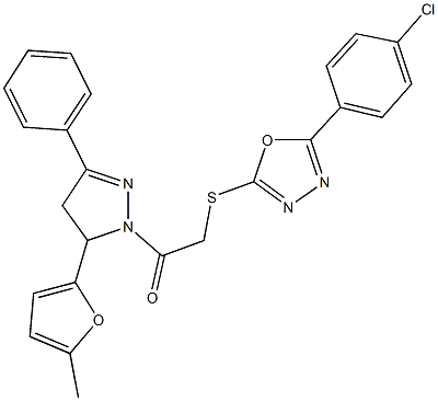 2-(4-chlorophenyl)-5-({2-[5-(5-methyl-2-furyl)-3-phenyl-4,5-dihydro-1H-pyrazol-1-yl]-2-oxoethyl}sulfanyl)-1,3,4-oxadiazole Structure