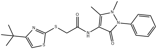 2-[(4-tert-butyl-1,3-thiazol-2-yl)sulfanyl]-N-(1,5-dimethyl-3-oxo-2-phenyl-2,3-dihydro-1H-pyrazol-4-yl)acetamide 구조식 이미지