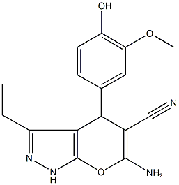 6-amino-3-ethyl-4-(4-hydroxy-3-methoxyphenyl)-1,4-dihydropyrano[2,3-c]pyrazole-5-carbonitrile Structure