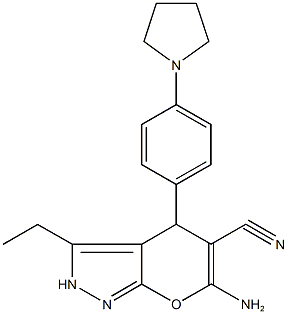 6-amino-3-ethyl-4-[4-(1-pyrrolidinyl)phenyl]-2,4-dihydropyrano[2,3-c]pyrazole-5-carbonitrile Structure