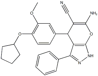 6-amino-4-[4-(cyclopentyloxy)-3-methoxyphenyl]-3-phenyl-1,4-dihydropyrano[2,3-c]pyrazole-5-carbonitrile 구조식 이미지