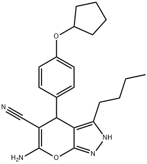 6-amino-3-butyl-4-[4-(cyclopentyloxy)phenyl]-2,4-dihydropyrano[2,3-c]pyrazole-5-carbonitrile 구조식 이미지