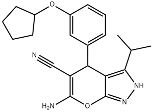 6-amino-4-[3-(cyclopentyloxy)phenyl]-3-isopropyl-2,4-dihydropyrano[2,3-c]pyrazole-5-carbonitrile 구조식 이미지