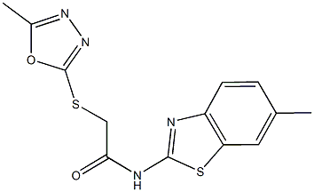 N-(6-methyl-1,3-benzothiazol-2-yl)-2-[(5-methyl-1,3,4-oxadiazol-2-yl)sulfanyl]acetamide 구조식 이미지