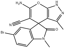 6-amino-5'-bromo-1',3-dimethyl-1',2,3',4-tetrahydro-2'-oxospiro(pyrano[2,3-c]pyrazole-4,3'-[2'H]-indole)-5-carbonitrile Structure