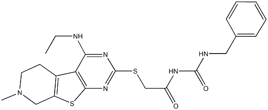 N-benzyl-N'-({[4-(ethylamino)-7-methyl-5,6,7,8-tetrahydropyrido[4',3':4,5]thieno[2,3-d]pyrimidin-2-yl]sulfanyl}acetyl)urea Structure